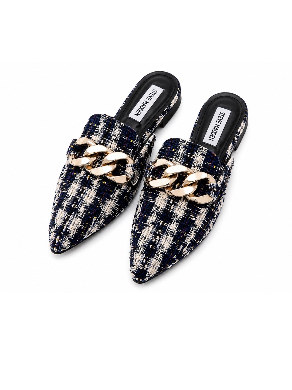 Steve Madden Tweed Chain Mule Flats Women’s Size 7.5 Navy Blue White Pointed Toe